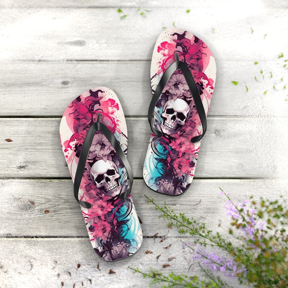 Creepy Cool Floral Skull Flip Flops Skull Gift Ironic Goth Colorful Flip Flops Gift for Her Gift for Him Unique Gift Floral Flip Flop Etsy