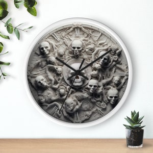May include: White round clock with a skull and other skeletal figures in a circular design. The clock face has Roman numerals and black hands.