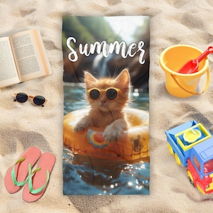 Toalla de playa de gatito de verano, toalla de natación, toalla de playa, regalo para amantes de los gatos, regalo de natación, decoración de jardín, decoración del hogar, regalo para ella