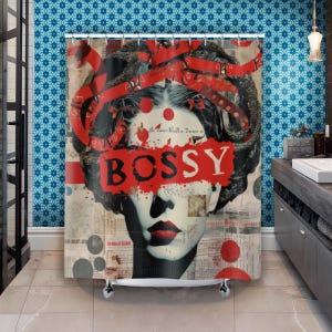 Bossy punk rock shower curtain, girl power decor, punk rock curtain, girl art, empowering feminist bathroom, feminist, gift for her