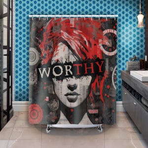 Worthy punk rock shower curtain, girl power decor, punk rock curtain, girl art, empowering feminist bathroom, feminist, gift for her