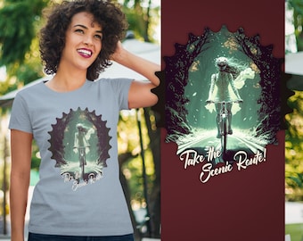 Take the Scenic Route, Fantasy Cyclist, Nature, Biking, female Cyclist Shirt, Bike Lover Gift, Cyclist Shirt, Gift for her, cycling