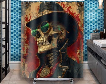 Steampunk Skull shower curtain, gothic decor, unique shower curtain, edgy bathroom, unique gift, gift for her, gift for him