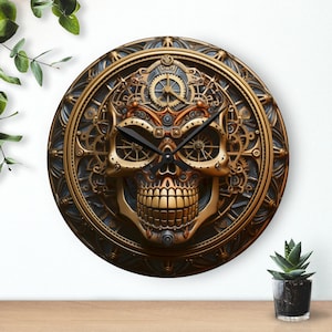 May include: A round wall clock featuring a gold skull design. The skull is crafted from gears and cogs, and the clock face is encircled by a decorative border. The clock hands are black.