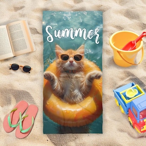 Toalla de playa de gatito de verano, toalla de natación, toalla de playa, regalo para amantes de los gatos, regalo de natación, decoración de jardín, decoración del hogar, regalo para ella