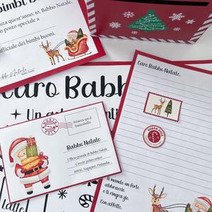 May include: A red and white mailbox with a festive Christmas tree design. The mailbox has a slot for mail and the words "Mail" printed on the front. There is a white card with black text that says "Caro Babbo Natale" and a red and white card with black text that says "Ufficiale bimbi buoni".