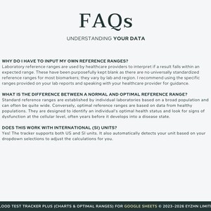 Frequently asked questions about the Google Sheets blood test tracker, covering delivery, devices, and instructions.