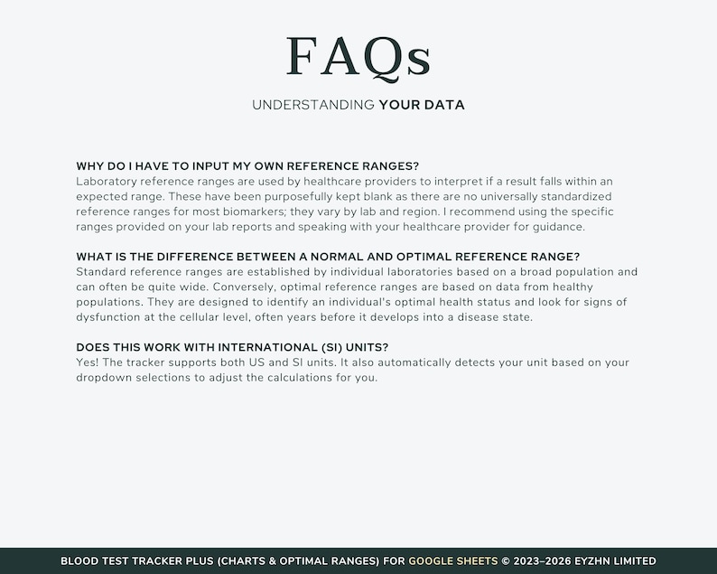Frequently asked questions about the Google Sheets blood test tracker, covering delivery, devices, and instructions.