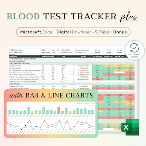 Excel Blood Test Results Tracker with Charts | Lab Test History, Blood Biomarkers, Medical Records, Bloodwork Spreadsheet