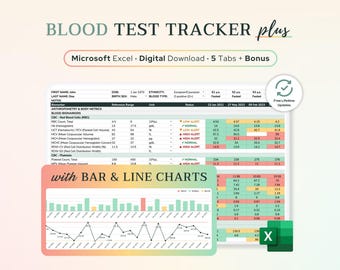 Excel Bluttest Ergebnisse Tracker mit Diagrammen | Labortestverlauf, Blut-Biomarker, Krankenakten, Blutarbeitstabelle