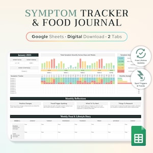 May include: A digital printable Google Sheet symptom tracker and food journal template. The sheet includes sections for tracking symptoms, severity, and potential triggers. It also includes a weekly food and lifestyle diary.
