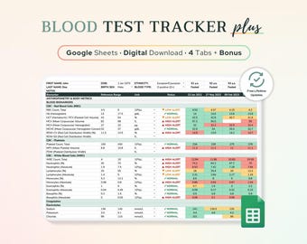 Google Sheets Bluttest Ergebnisse Tracker | Labortestverlauf, Blut-Biomarker, Krankenakten, Blutarbeitstabelle, Chronische Krankheit
