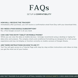 Frequently asked questions about the Google Sheets blood test tracker, covering delivery, devices, and instructions.