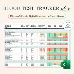 Excel Blood Test Results Tracker | Lab Test History, Blood Biomarkers, Medical Records, Bloodwork Spreadsheet, Chronic Disease