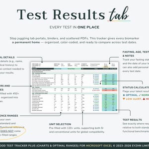 View of the Test Results tab where users easily input their lab data and track reference ranges in Excel.