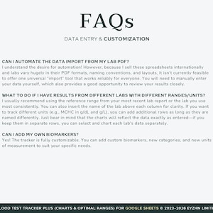 Frequently asked questions about the Google Sheets blood test tracker, covering delivery, devices, and instructions.