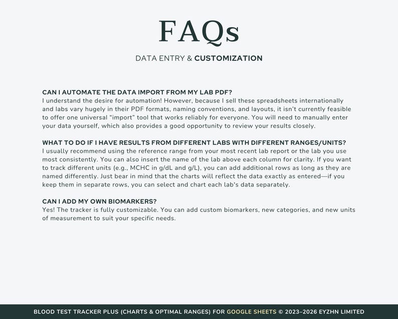Frequently asked questions about the Google Sheets blood test tracker, covering delivery, devices, and instructions.
