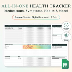 May include: A digital health tracker spreadsheet template for Google Sheets. The template includes sections for medications, symptoms, habits, appointments, and other to-dos. The template is designed to help users track their health and wellness.