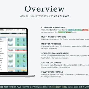 Overview of the Excel blood work tracker features, highlighting the comprehensive health dashboard and easy data visualization.