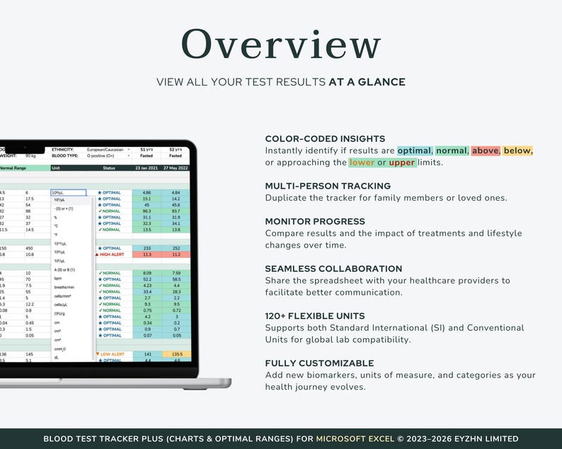 Overview of the Excel blood work tracker features, highlighting the comprehensive health dashboard and easy data visualization.
