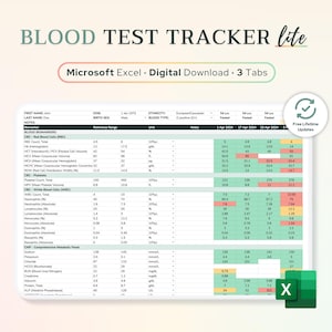 Excel-tracker voor bloedtestresultaten | Monitor essentiële labs, algemene biomarkers, basisspreadsheet bloedonderzoek, gezondheidsgegevens, medische dossiers