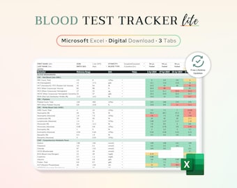 Excel Blood Test Results Tracker | Monitor Essential Labs, Common Biomarkers, Basic Blood Work Spreadsheet, Health Data, Medical Records