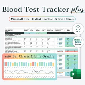 Excel Blood Test Results Tracker Plus (Charts & Optimal Ranges) | Functional Medicine Bloodwork Analysis, Lab Tests, Biohacking Spreadsheet