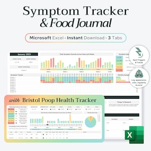 Registro de heces, síntomas y alimentos en Excel / Síntomas intestinales, SII, Registro de estreñimiento, Registro de deposiciones, Hoja de cálculo de digestión intestinal, Línea base de salud de las heces