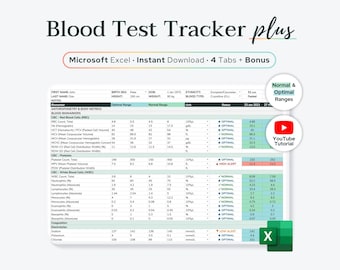 Excel Blood Test Results Tracker (Optimal Ranges) | Functional Medicine Bloodwork Analysis, Lab Tests, Biohacking Spreadsheet, Health Log