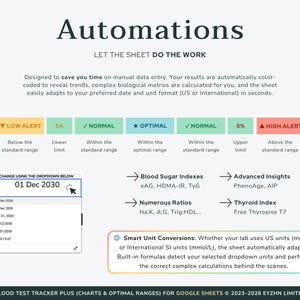 Highlights the automatic calculator feature, showing automated health metrics like PhenoAge and HOMA-IR based on lab inputs.