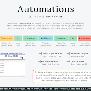 Highlights the automatic calculator feature, showing automated health metrics like PhenoAge and HOMA-IR based on lab inputs.