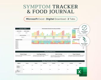 Excel-symptomrapport och matjournal: Kronisk sjukdom, matkänslighet (digital nedladdning .xlsx-fil)