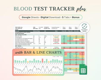 Google Sheets Bluttest Ergebnisse Tracker mit Diagrammen | Labortestverlauf, Blut-Biomarker, Krankenakten, Blutarbeitstabelle