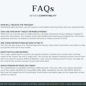 Frequently asked questions about the Excel blood test tracker, covering macros, version compatibility, and device requirements.