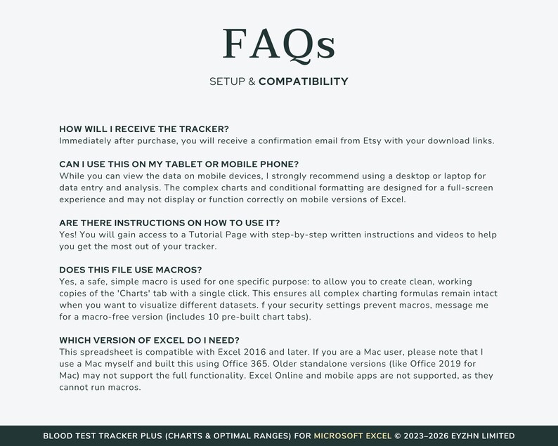 Frequently asked questions about the Excel blood test tracker, covering macros, version compatibility, and device requirements.