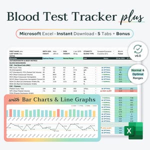 Excel Blood Test Results Tracker Plus (Charts & Optimal Ranges) | Functional Medicine Bloodwork Analysis, Lab Tests, Biohacking Spreadsheet