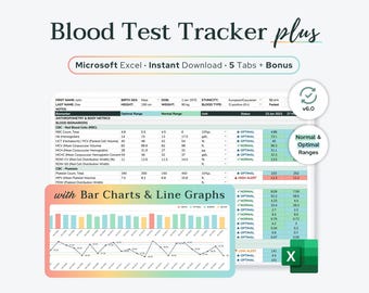 Excel Blood Test Results Tracker Plus (Charts & Optimal Ranges) | Functional Medicine Bloodwork Analysis, Lab Tests, Biohacking Spreadsheet