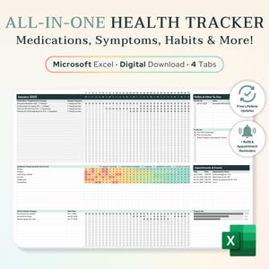 May include: A digital health tracker spreadsheet in Microsoft Excel with four tabs: Medications, Symptoms, Habits & Other To-Do, and Appointments & Events. The spreadsheet includes a calendar for January 2025, a symptom tracker, and a habit tracker. The spreadsheet is designed to help users track their health and wellness.