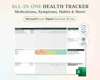 Excel Hälsospårare: Symtom-, vane-, kosttillskotts- och medicinlogg (utskrivbar + digital)