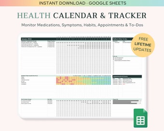 Health Tracker & Calendar 2024 For Google Sheets · Medication Supplement Organizer · Symptom Log · Habit Goal Planner · To Do List Template