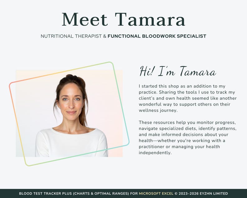Meet the creator slide featuring Tamara, the designer behind the comprehensive blood test tracker spreadsheet.