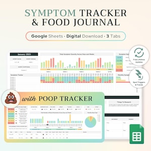 Google Spreadsheets Kak-, symptoom- en etenstracker | Spijsverteringsdagboek voor constipatie, een opgeblazen gevoel, PDS, IBD, SIBO en voedselgevoeligheden