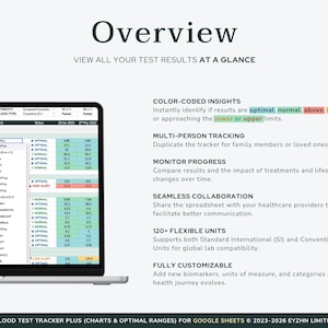 Overview of the Google Sheets blood work tracker features, highlighting the comprehensive health dashboard and easy data visualization.
