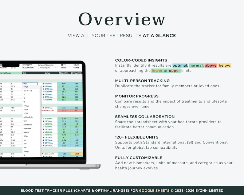 Overview of the Google Sheets blood work tracker features, highlighting the comprehensive health dashboard and easy data visualization.