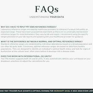 Op de afbeelding: Een digitaal document met de titel "FAQs" en de ondertitel "Uw gegevens begrijpen". Het legt referentiebereiken uit, de verschillen tussen normale en optimale bereiken en SI-eenheden. Voor een bloedtest tracker.