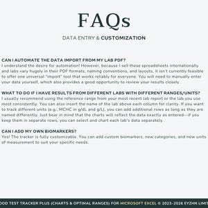 Op de afbeelding: Een lichtgroene afbeelding met de titel "FAQs" en de ondertitel "Data Entry & Customization." De tekst beantwoordt vragen over gegevensimport, het omgaan met verschillende labresultaten en het toevoegen van aangepaste biomarkers.