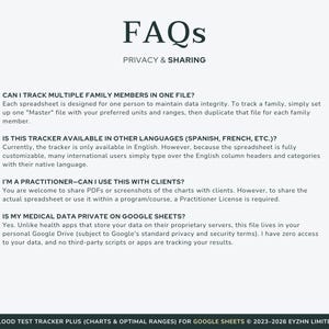 Frequently asked questions about the Google Sheets blood test tracker, covering delivery, devices, and instructions.
