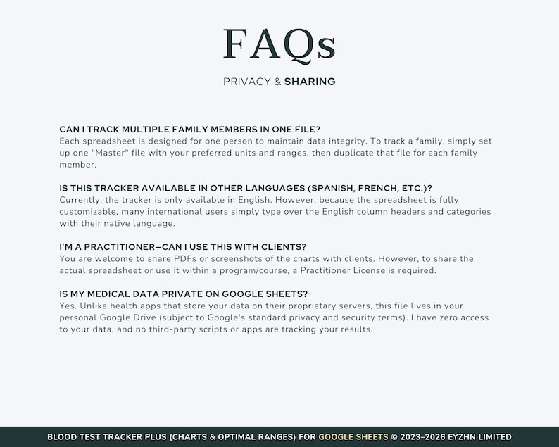 Frequently asked questions about the Google Sheets blood test tracker, covering delivery, devices, and instructions.