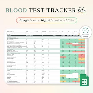 Google Sheets Blood Test Results Tracker | Monitor Essential Labs, Common Markers, Basic Bloodwork Spreadsheet, Health Data, Medical Records