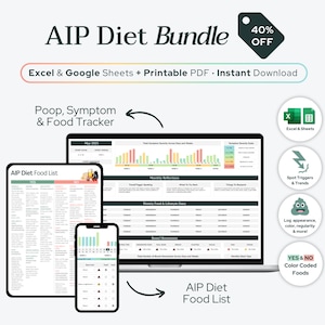 Op de afbeelding: Een digitale AIP Diet Bundle-afbeelding met de tekst "AIP Diet Bundle" en "Excel & Google Sheets + Printable PDF + Direct Downloaden". De afbeelding toont een laptop, tablet en telefoon met dieetvolgspreadsheets en voedsel lijsten. Inclusief een kortingslabel van 40%.